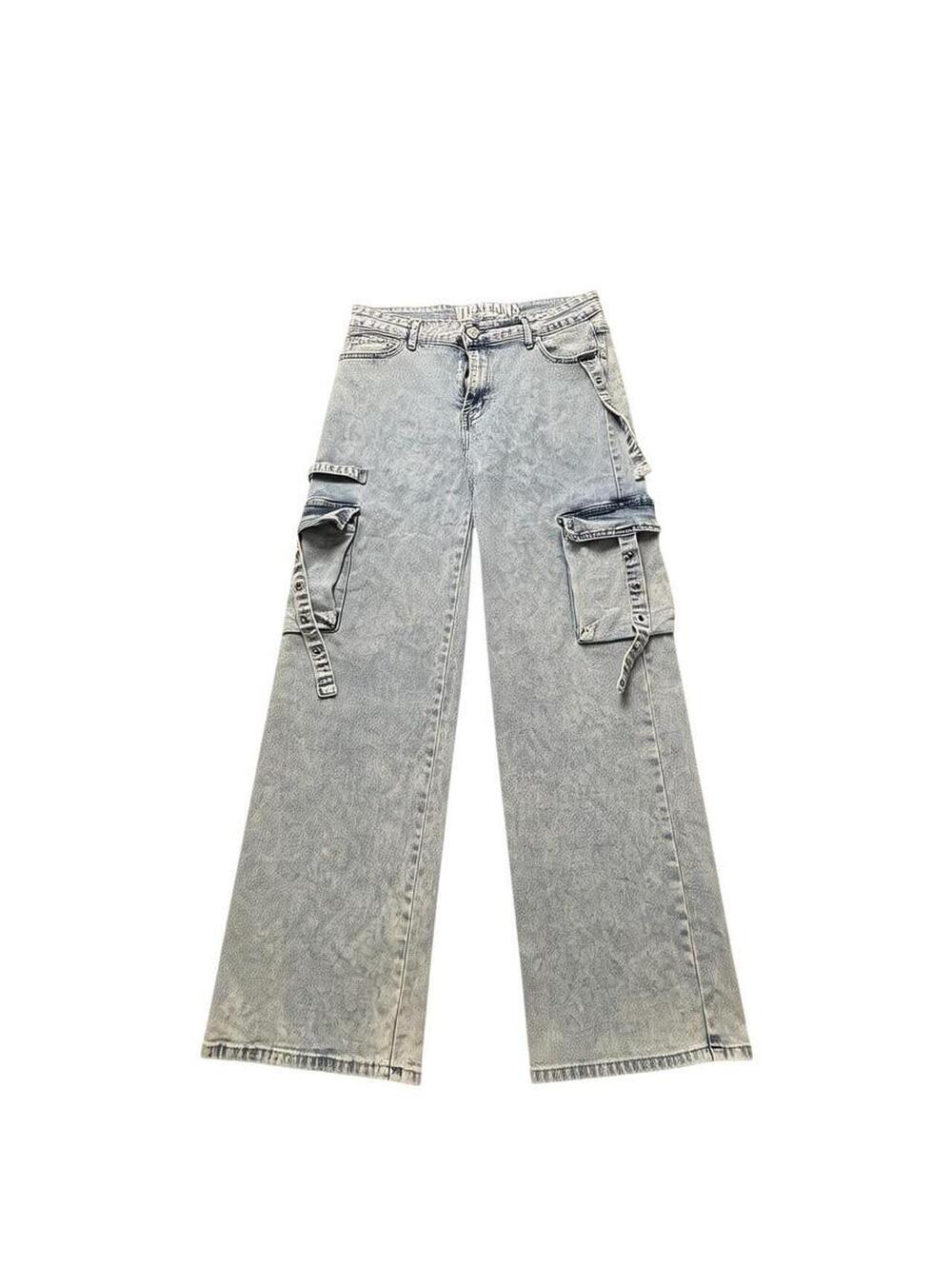 Y2K Acid Wash Wide Leg Cargo Jeans Size 15/32 Grunge Baggy Denim
